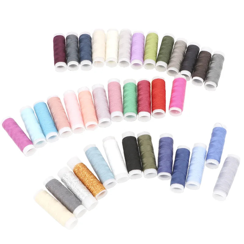 A variety of 39 colors of industrial sewing thread spools arranged in a line.