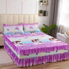 Purple and white fitted bed sheets with lace trim displayed on a bed.