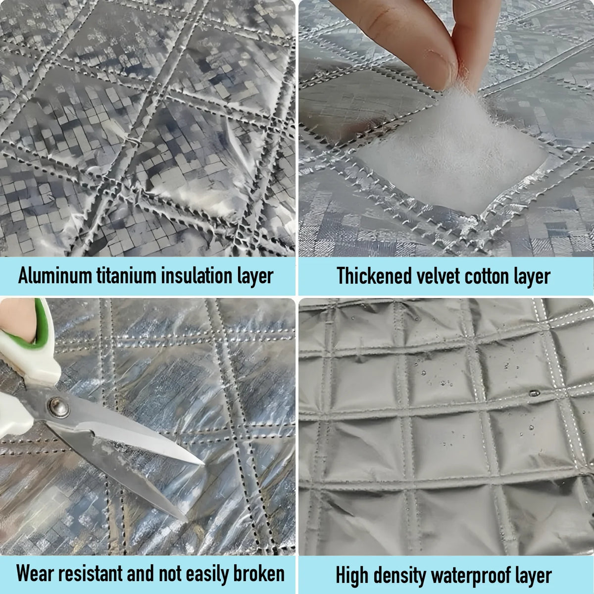 Layers of thermal window film showing aluminum titanium insulation, thickened velvet cotton, and a high-density waterproof la