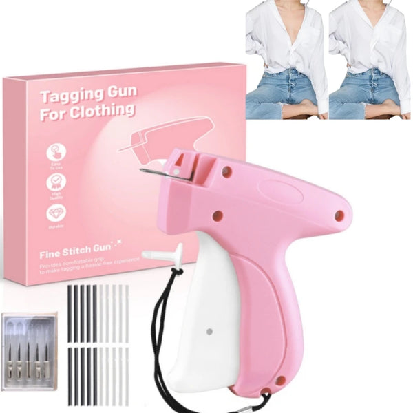 Pink handheld tagging gun for clothing with a white body and stitching needles shown next to its packaging.