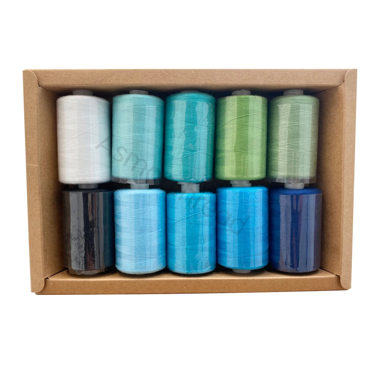 A box containing six spools of 10-color polyester sewing thread in various shades of green and blue.