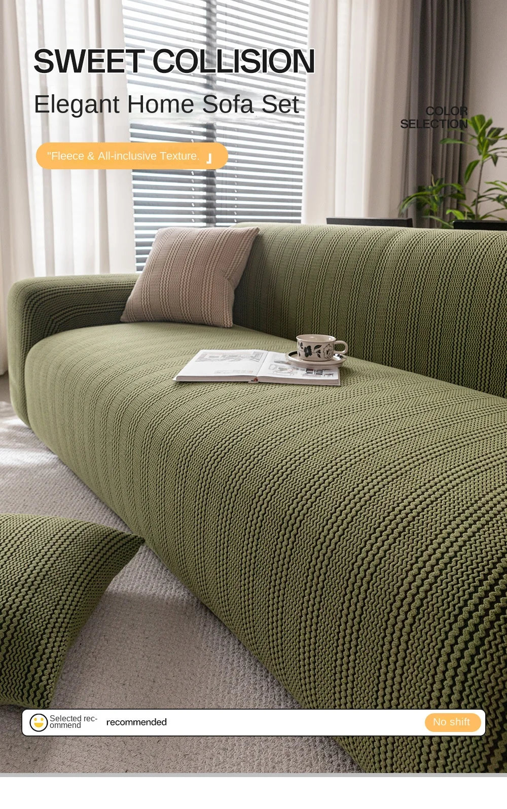 A moss green sofa slipcover with a textured weave sits in a bright living room setting.