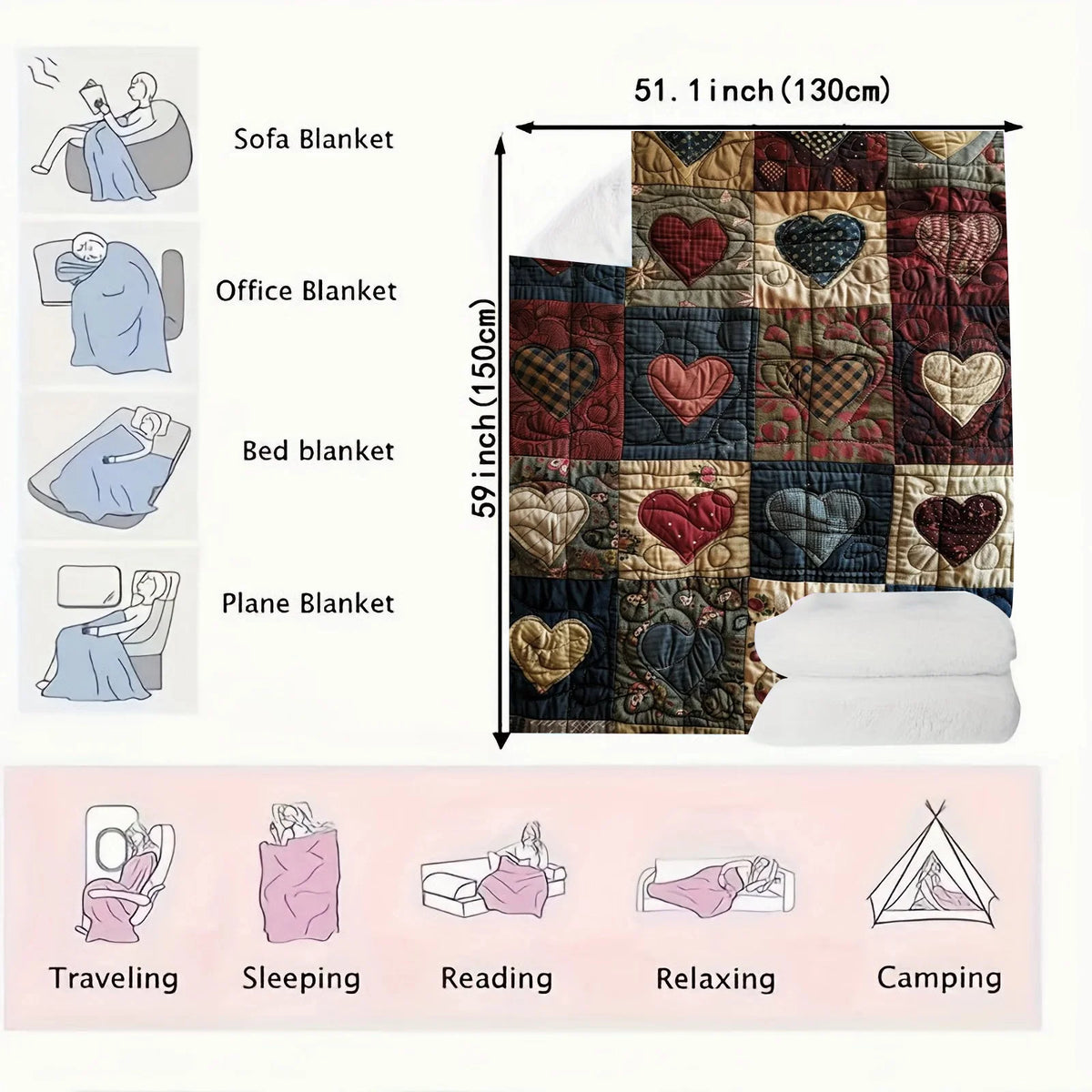 A square flannel throw blanket featuring a heart print shown in various contexts like traveling, sleeping, reading, relaxing,