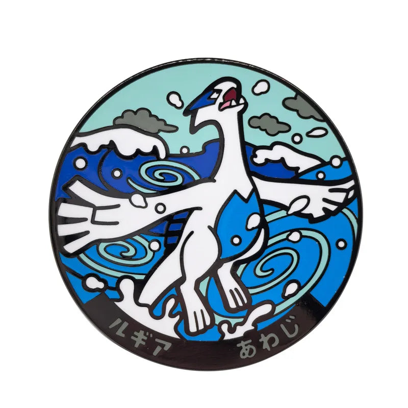 A round metal brooch pin featuring a white divine beast design with blue accents and Japanese text.