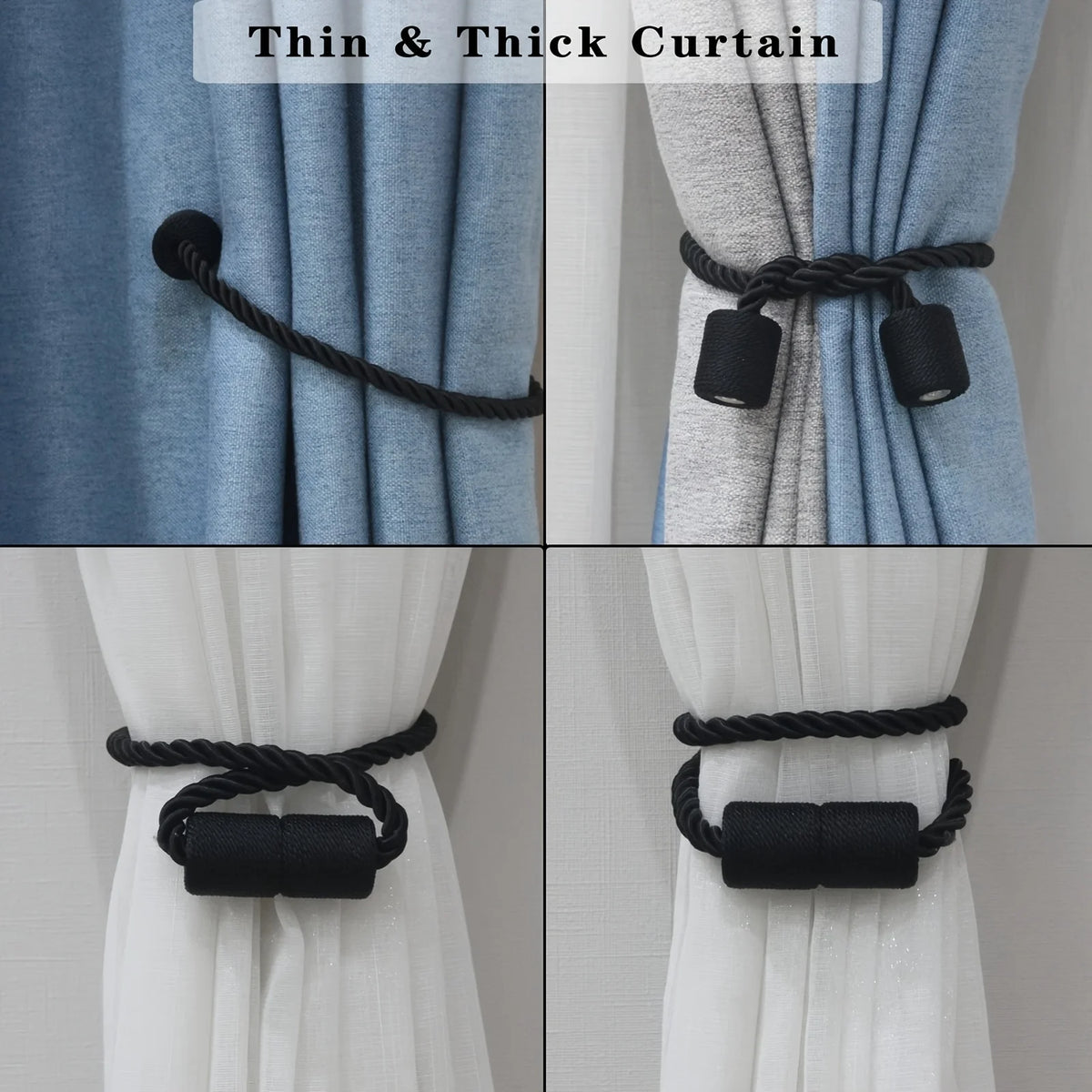 A set of magnetic curtain tiebacks in black and gray for thin and thick curtains.