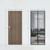 A modern magnetic screen door curtain in a warm wood tone, shown next to its full size and a framed view of an interior room.