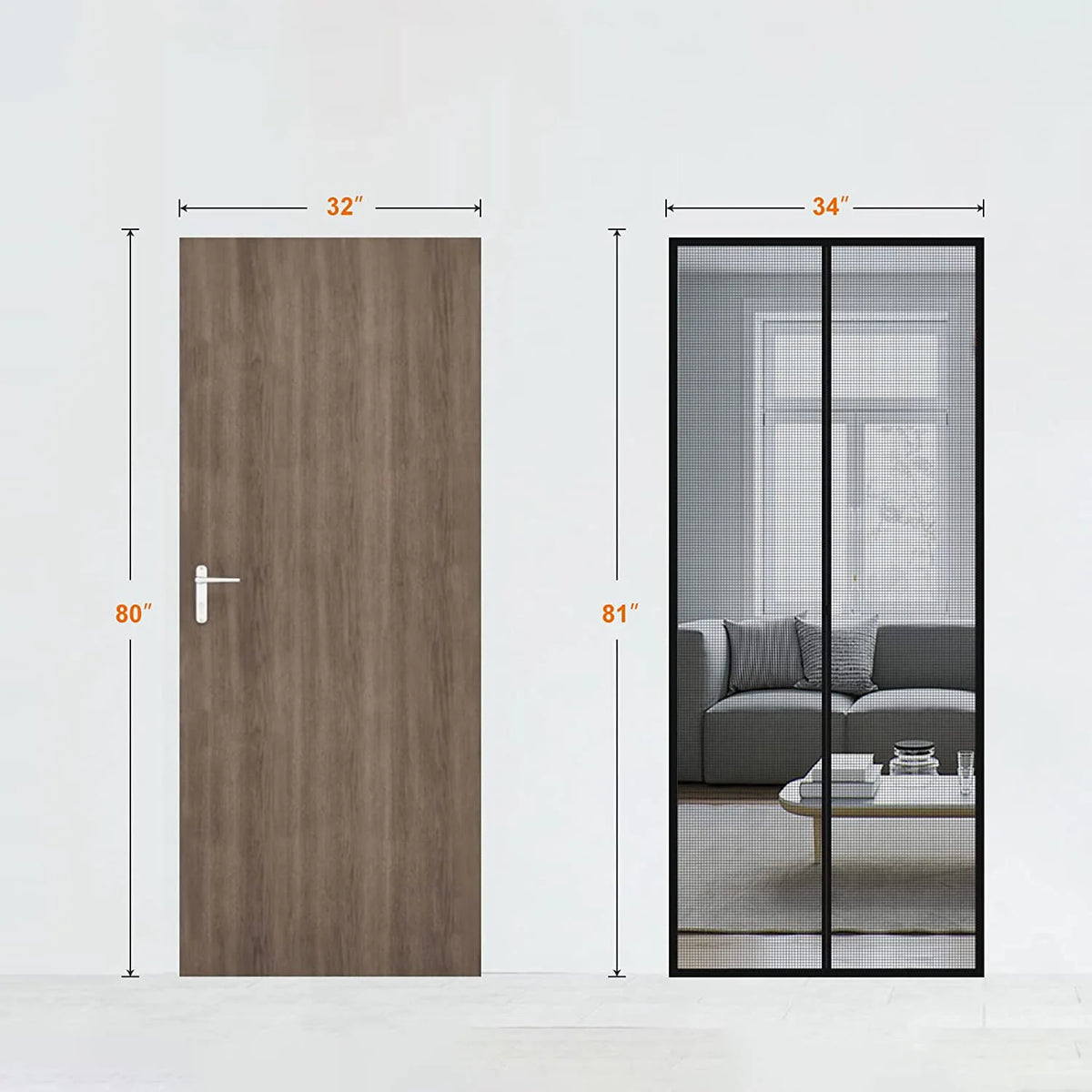 A modern magnetic screen door curtain in a warm wood tone, shown next to its full size and a framed view of an interior room.