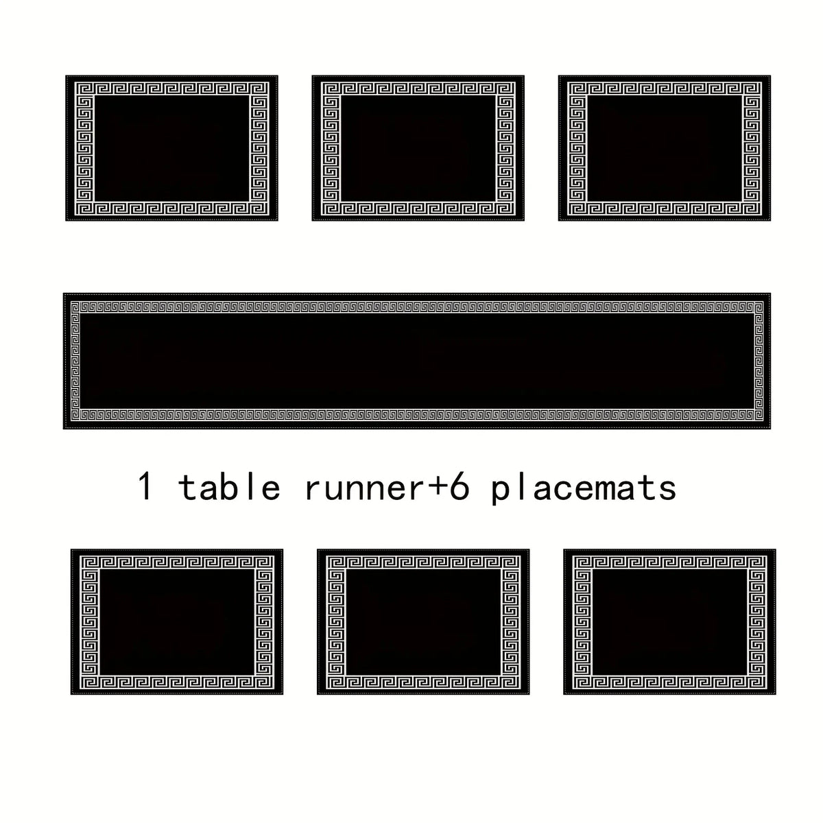 A set of seven geometric placemats and a table runner with ornate borders.