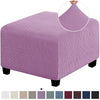 A square purple jacquard footrest ottoman slipcover with a textured fabric detail.