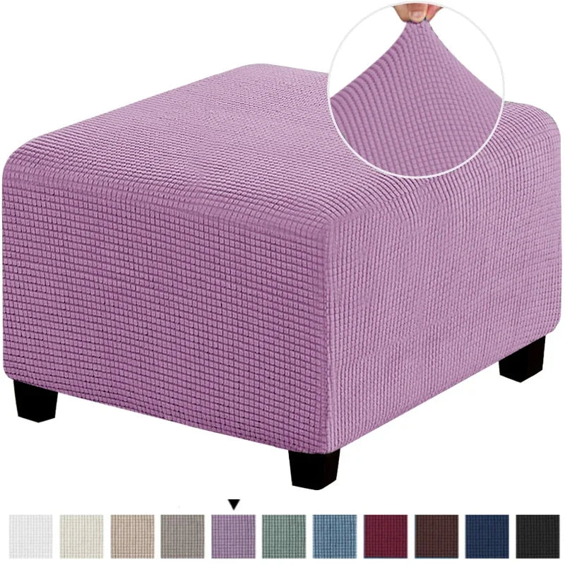 A square purple jacquard footrest ottoman slipcover with a textured fabric detail.