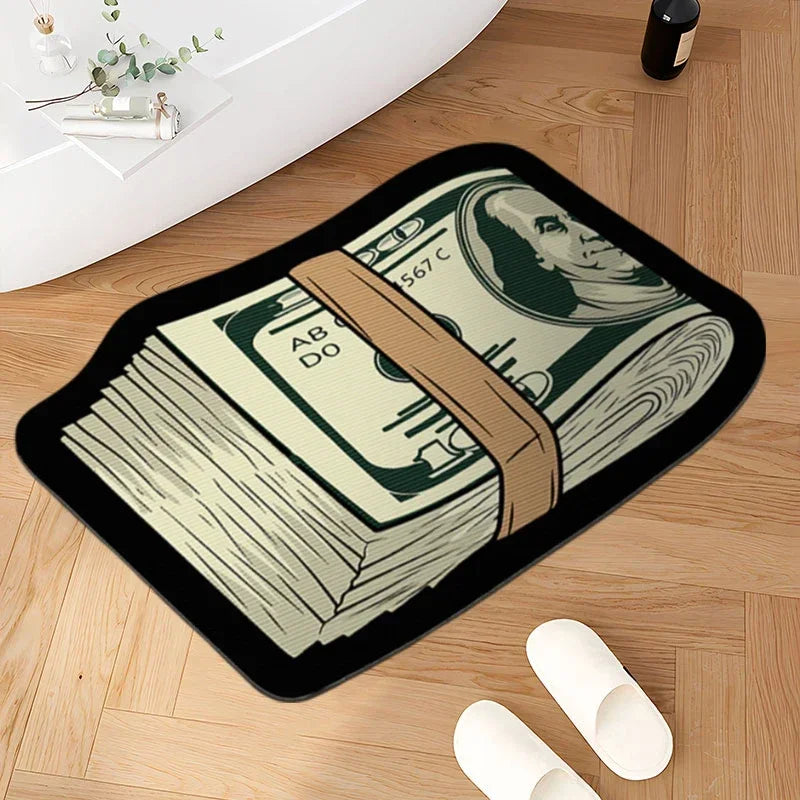 A decorative floor rug featuring a design of US currency on a black background.