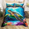 A vibrant sea turtle duvet cover set featuring realistic artwork of sea turtles swimming through colorful underwater scenes.