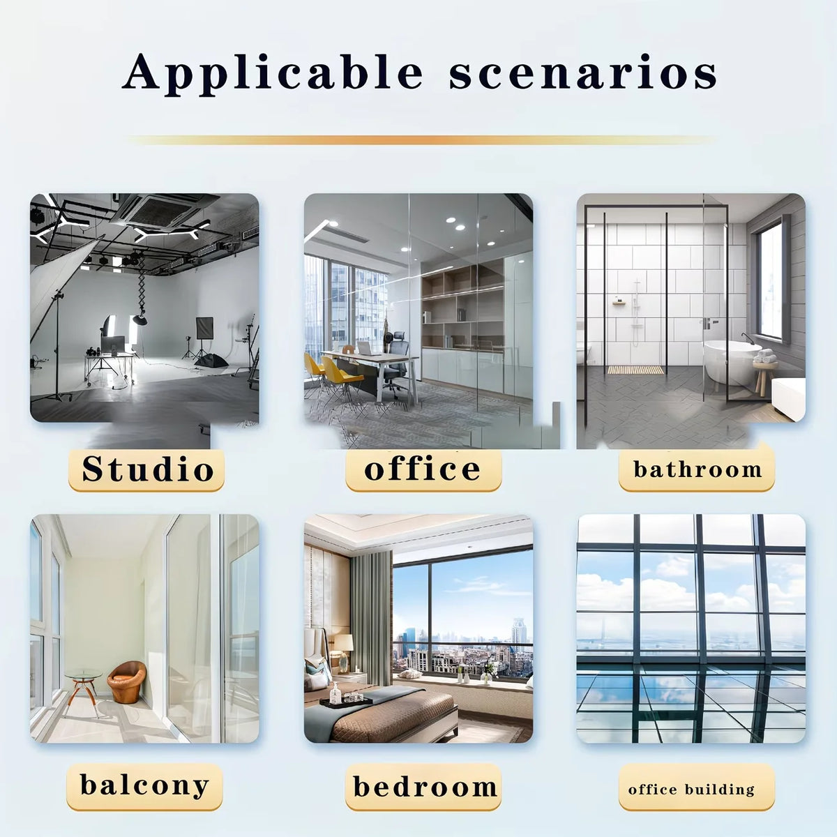 Image showing various applicable scenarios including studio, office, bathroom, balcony, bedroom, and office building.