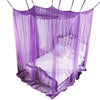 Purple square mosquito net bed canopy with a white bed inside