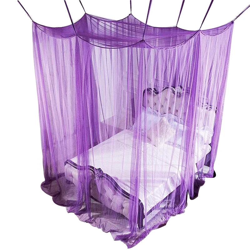 Purple square mosquito net bed canopy with a white bed inside