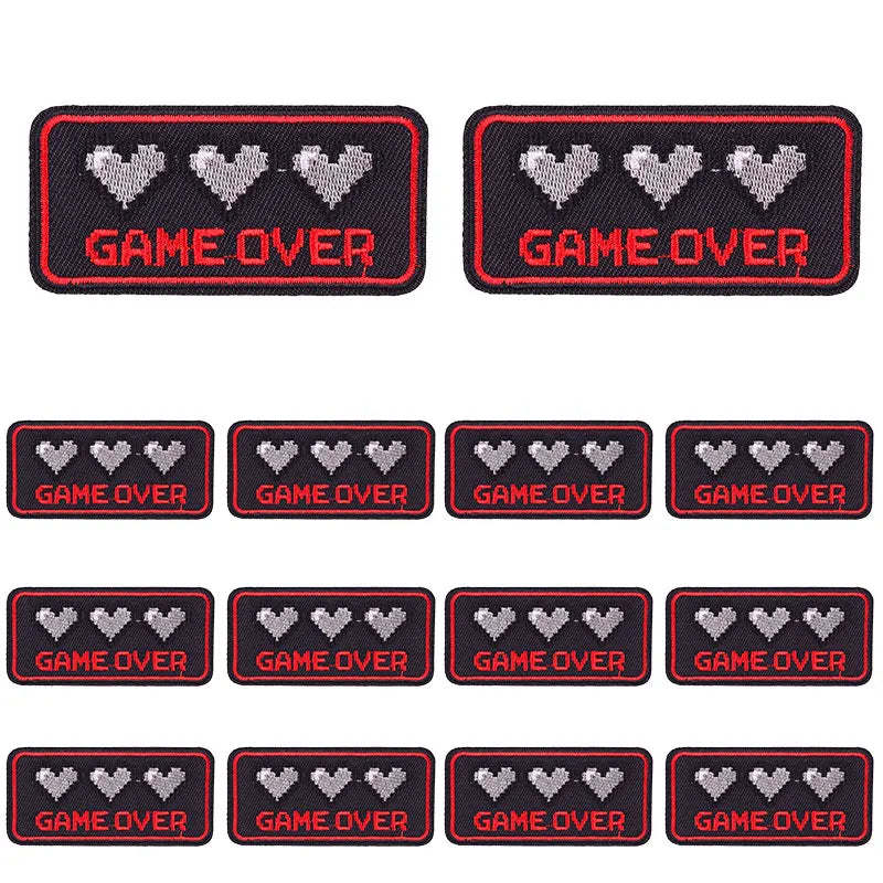 Set of black embroidered game over heart slogan applique patches for DIY clothing