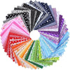 A circular display of various floral dot pattern cotton fabric squares in multiple colors and stripes for DIY crafting