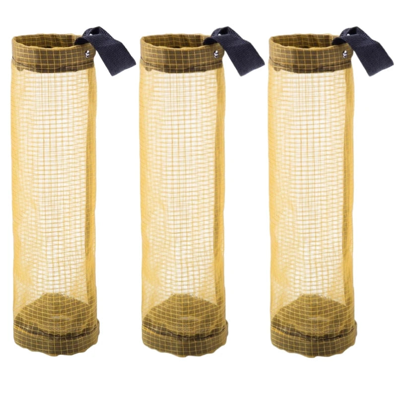 Three hanging mesh trash bags with dark straps and olive green fabric for kitchen and bathroom organization