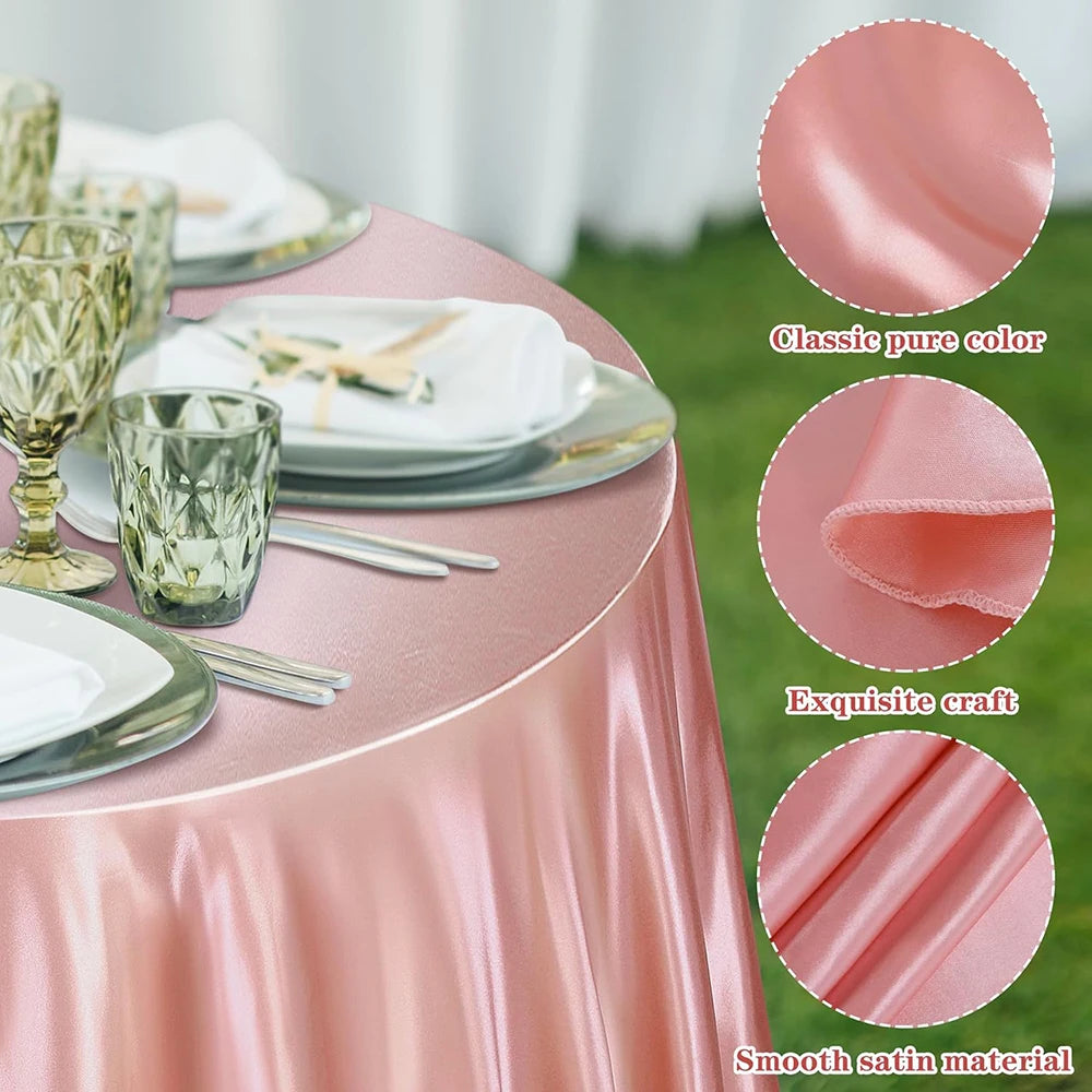 Pink satin table overlay cloth with elegant place settings and fabric texture details