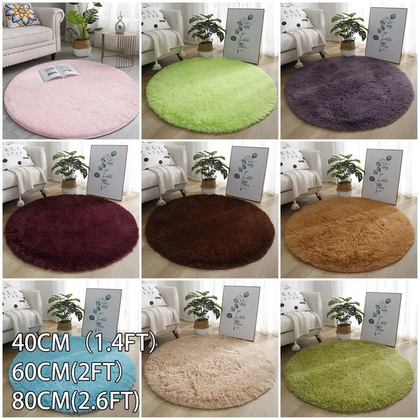 A collection of shaggy round area rugs in various colors including pink, green, purple, brown, and beige.