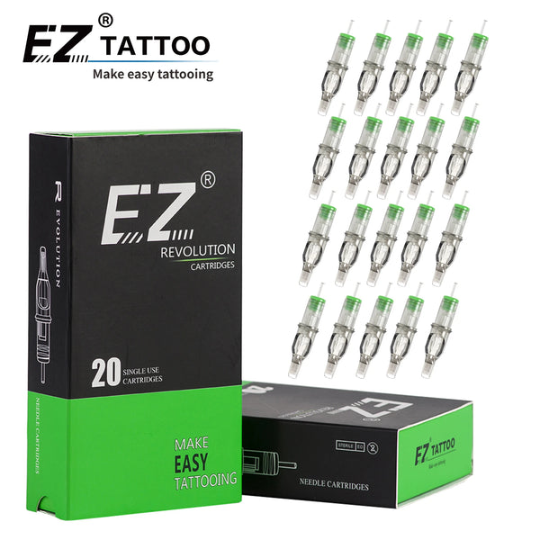 Box of EZ Tattoo Revolution cartridges and an F7 Tattoo box showing various needle cartridges.