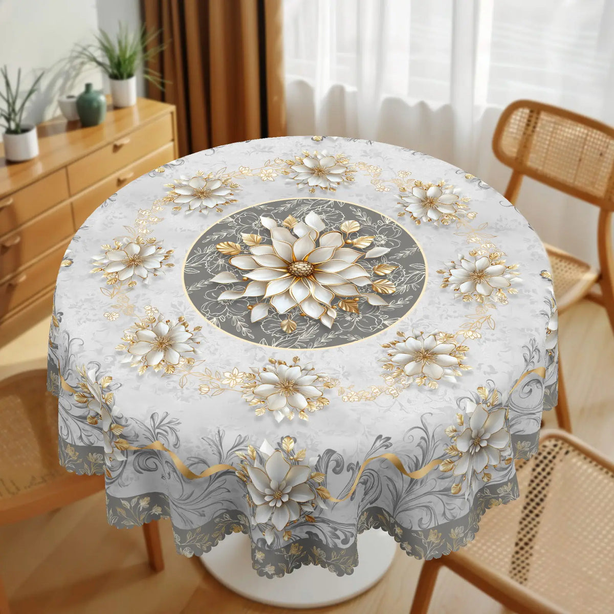Elegant floral tablecloth with gold embossed edges set on a round table.