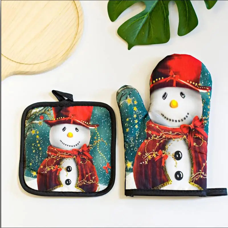 Festive Christmas insulated oven mitts featuring a snowman and Santa design