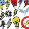 A collection of embroidered lightning bolt and lightbulb patches in various colors like blue, green, red, and yellow.