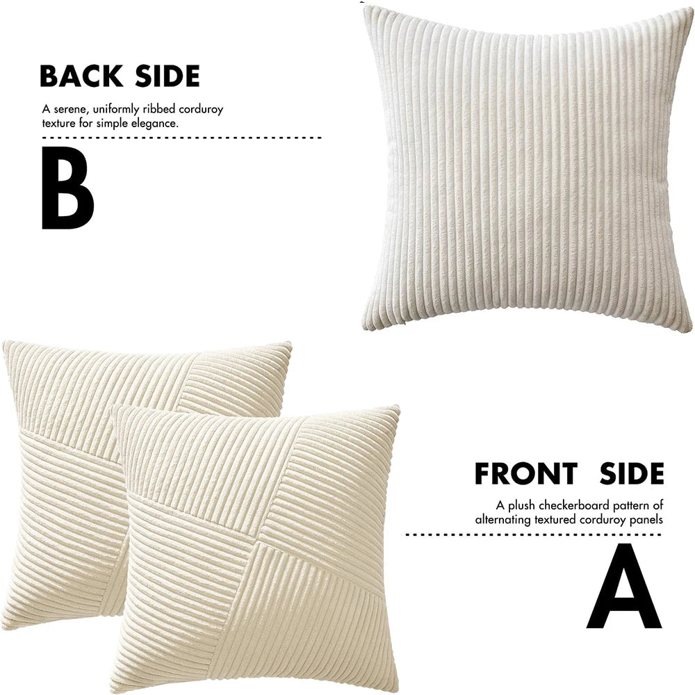 Two textured corduroy throw pillow covers, one showing the back side and one showing the front side.