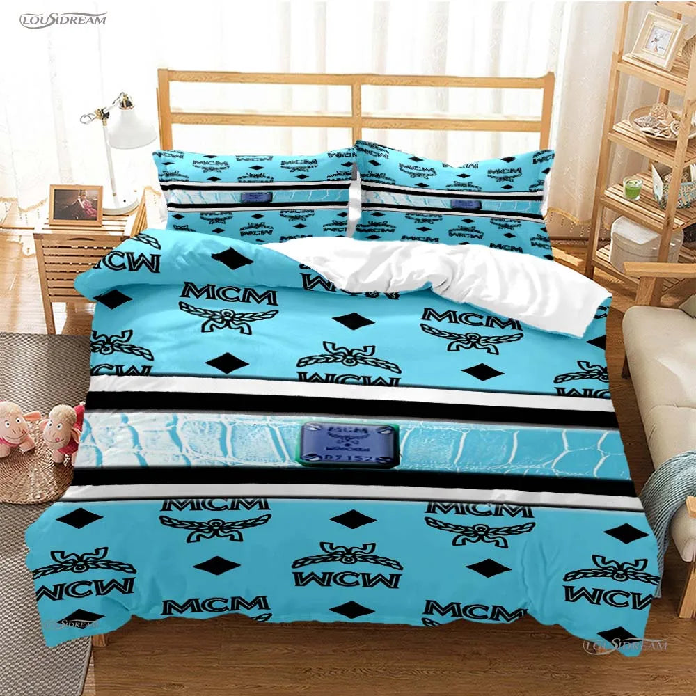 A set of blue and white patterned duvet covers featuring MCM and WCW designs displayed on a bed.