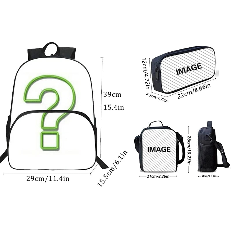 A white kids multi-compartment backpack with a green question mark design shown in various views.