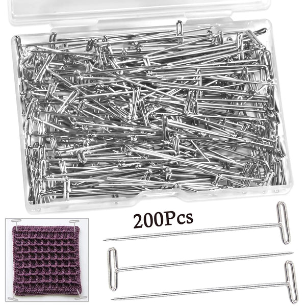 A clear plastic container filled with 200 precision metal T-pins used for crafting and sewing.