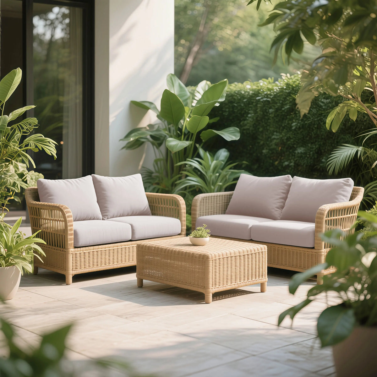 A light beige luxury silk elastic sofa slipcover placed outdoors on a wooden deck surrounded by lush greenery.
