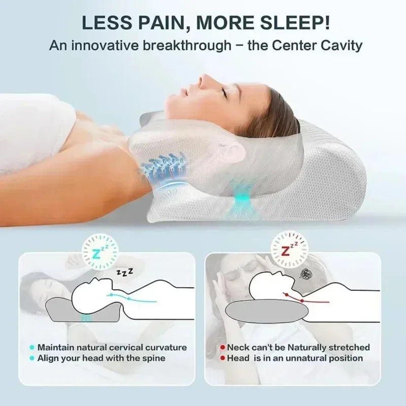 A person sleeping comfortably with a contoured memory foam pillow designed for neck pain relief.