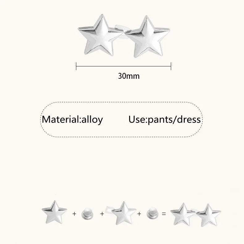 Silver star-shaped button clips used for pants or dress