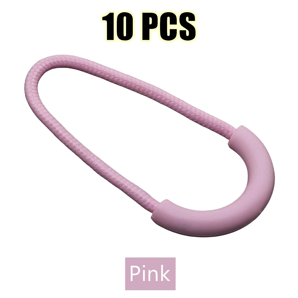 Ten pink U-shaped zipper pull straps shown against a white background.