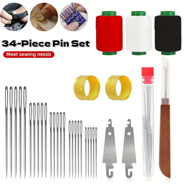 A set of 34 pins and needles for hand sewing, including various types of pins, needles, and tools.