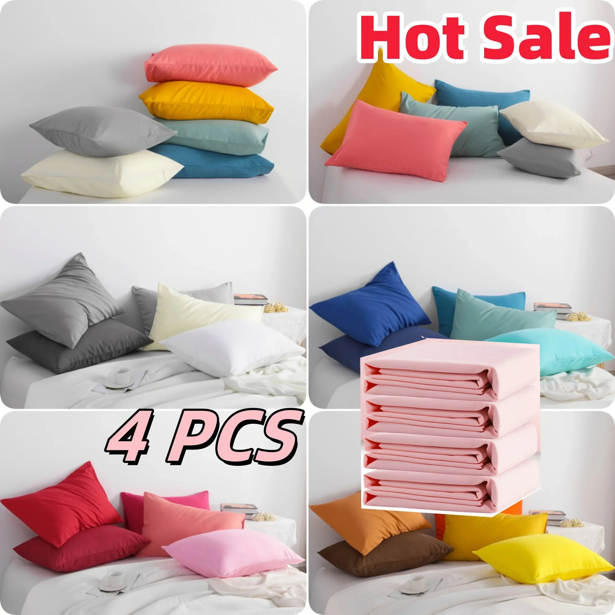 A set of four pink and yellow microfiber pillow covers displayed on a white bed.