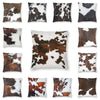 A collection of square cushion covers featuring various cowhide print patterns in brown and white faux fur.