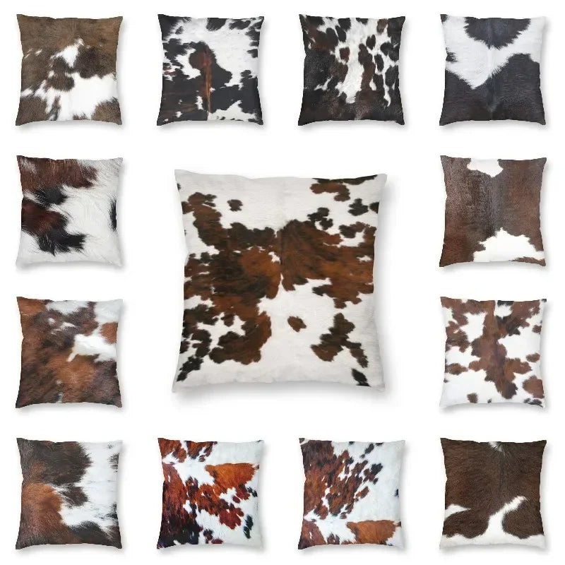 A collection of square cushion covers featuring various cowhide print patterns in brown and white faux fur.