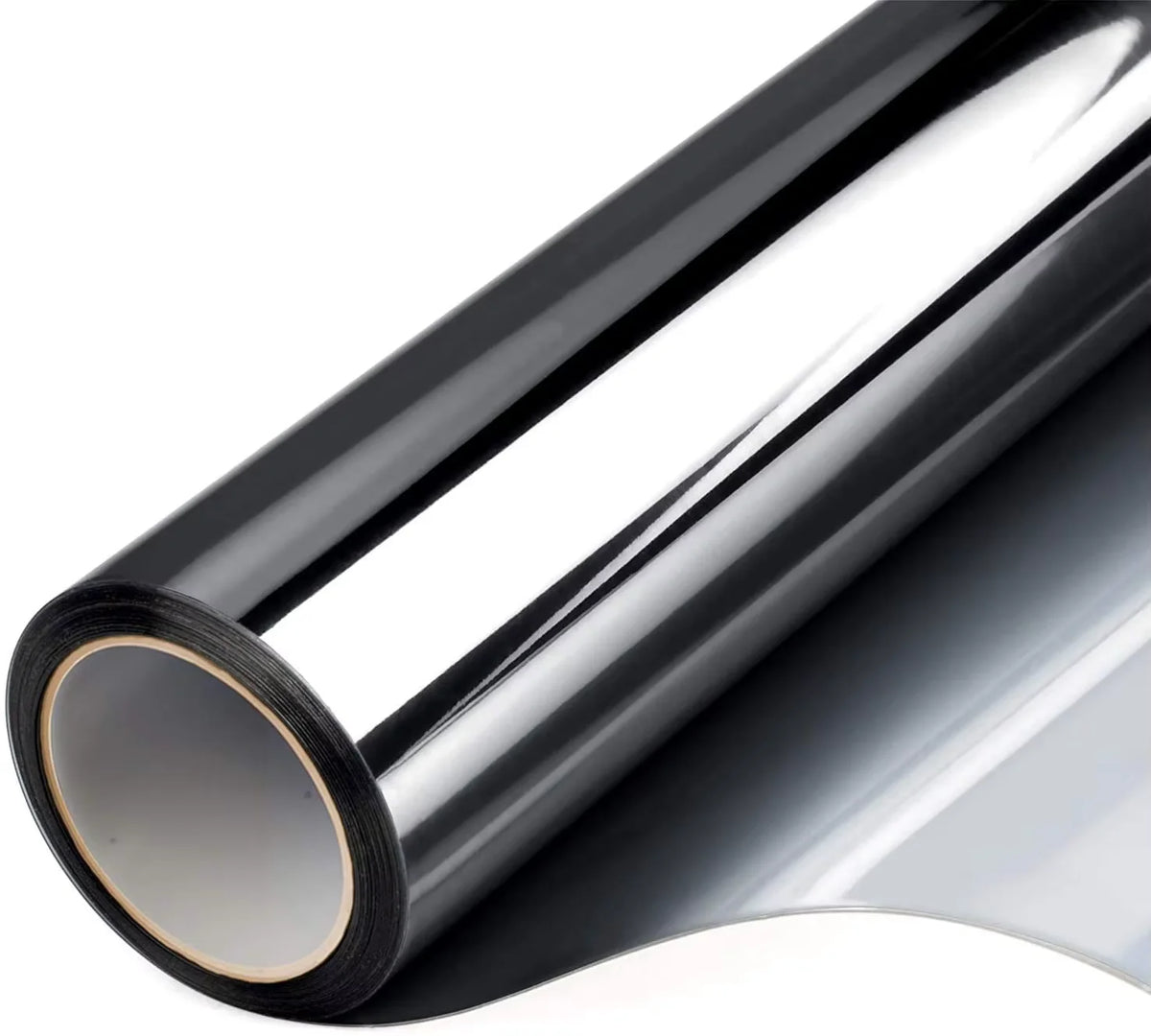Roll of black one way mirror window film showing a smooth, reflective surface.