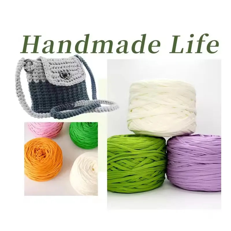 A collection of various colored soft T-shirt yarn skeins and a handmade fabric pouch.