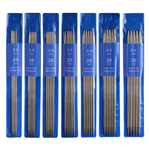 A set of blue plastic containers holding various sizes of stainless steel knitting needles.