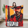 A vibrant throw blanket featuring a graphic design of a rugged man in a hat and coat, inspired by Red Dead Redemption II.