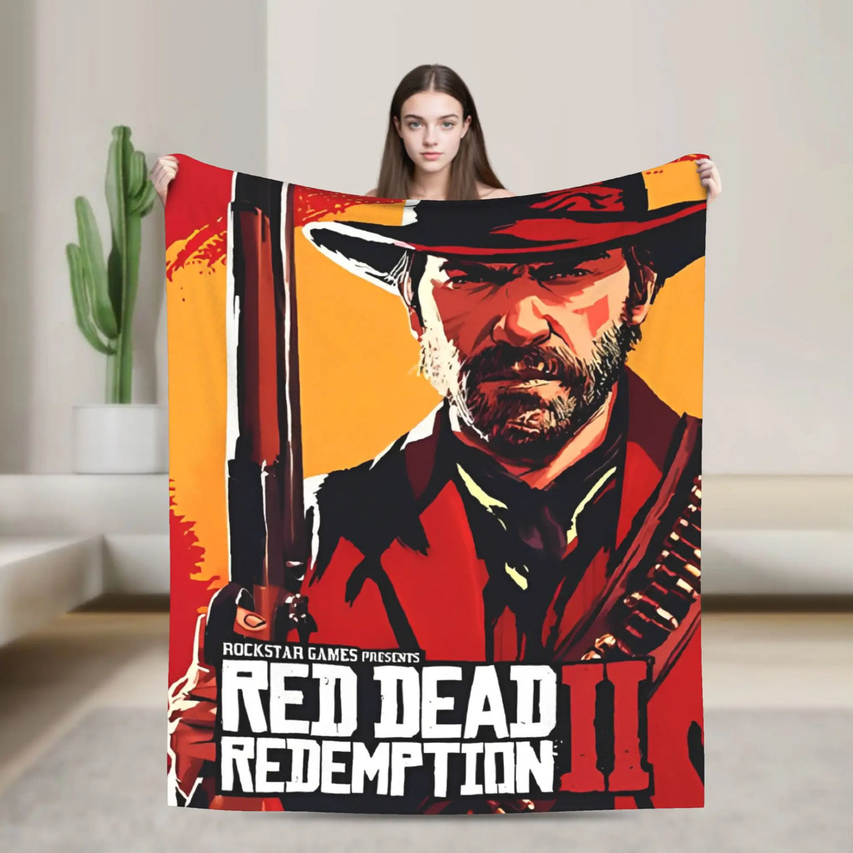 A vibrant throw blanket featuring a graphic design of a rugged man in a hat and coat, inspired by Red Dead Redemption II.