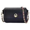 A dark blue leather ring bag with gold hardware and a braided chain strap.