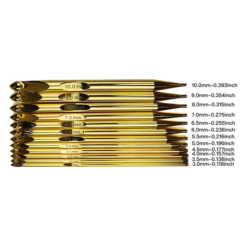 A set of 12 golden aluminum crochet hooks with varying sizes ranging from 3.0 mm to 10.0 mm.