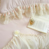 A close-up of a light pink Korean style lace embroidered duvet set featuring sheer fabric and floral details.