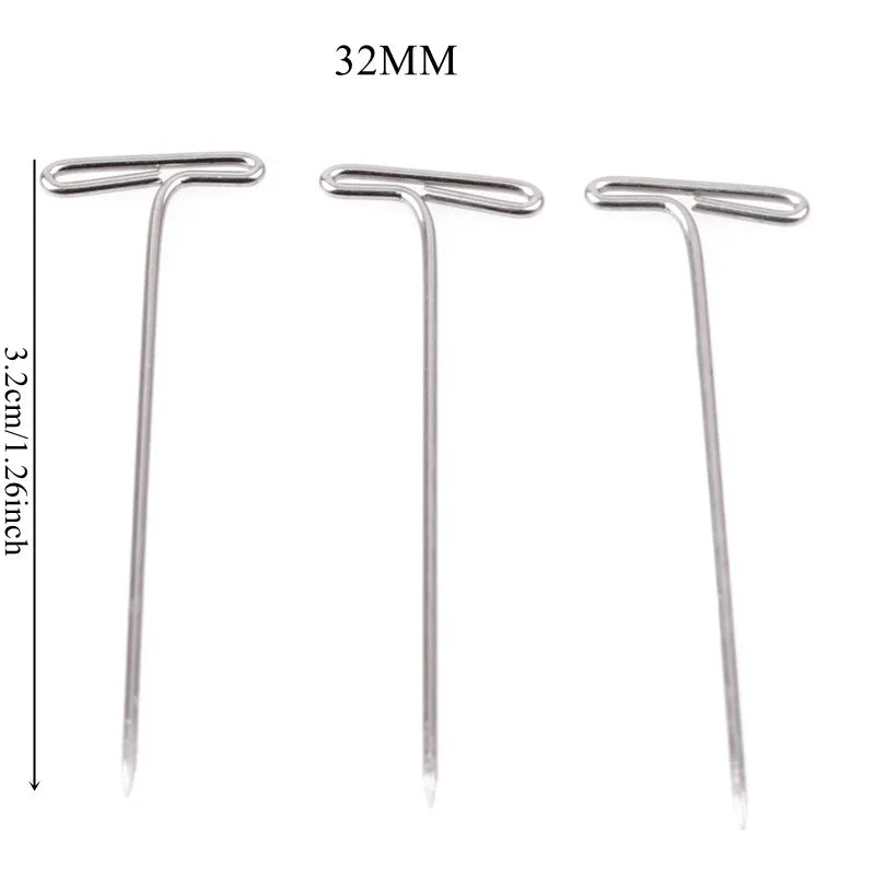 Stainless steel T-pins for wig making and knitting, shown in various sizes.