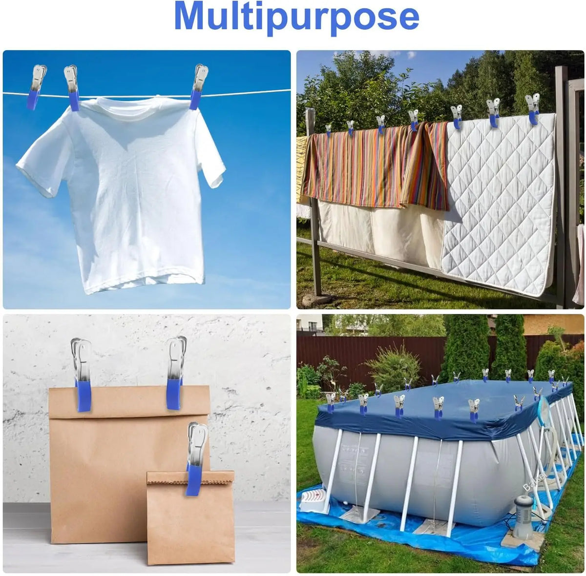 A set of heavy-duty stainless steel pool cover clips used for securing pool covers.